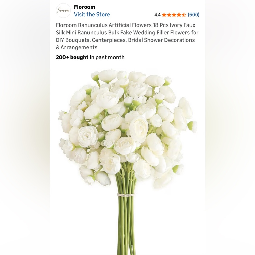 New Floroom Faux Ranunculus Ivory Florals 18 Pcs Silk Bridal Bouquet DIY Minis